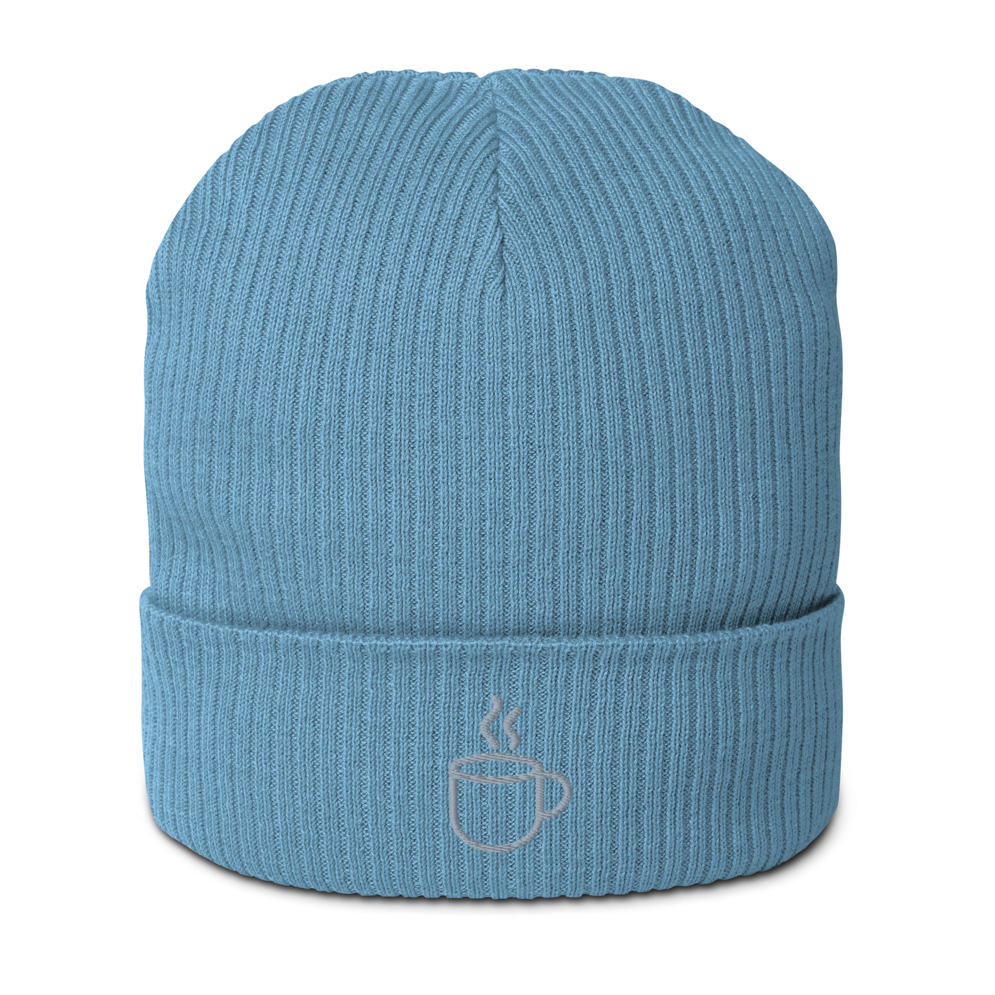 Ribbed knit beanie hat in light avio blue , embroidered coffee cup design, front view