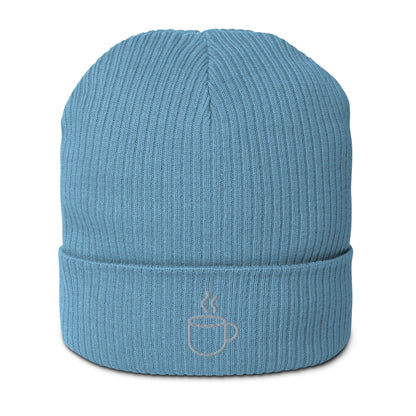Ribbed knit beanie hat in light avio blue , embroidered coffee cup design, front view