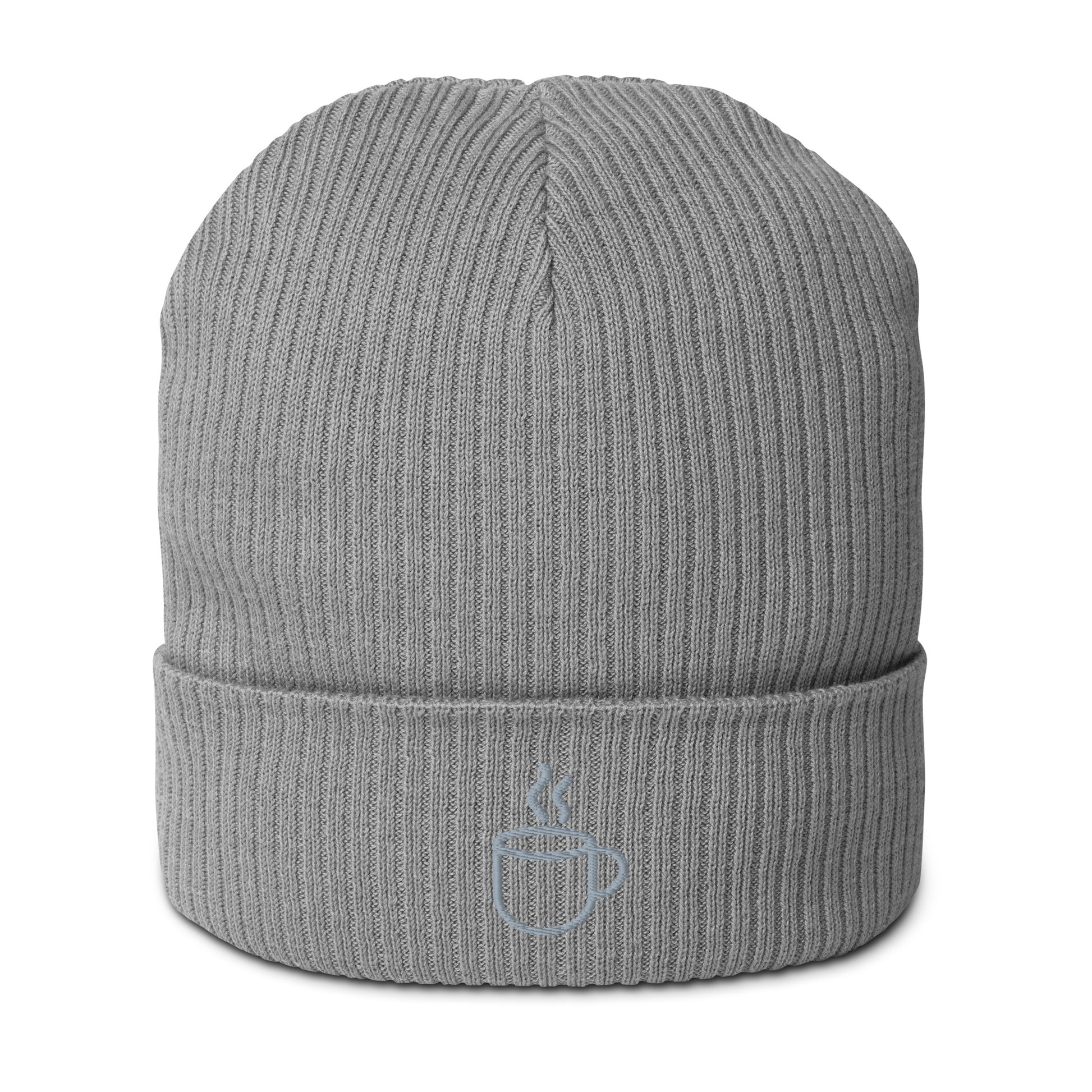 Ribbed knit beanie hat in light grey, embroidered coffee cup design, front view