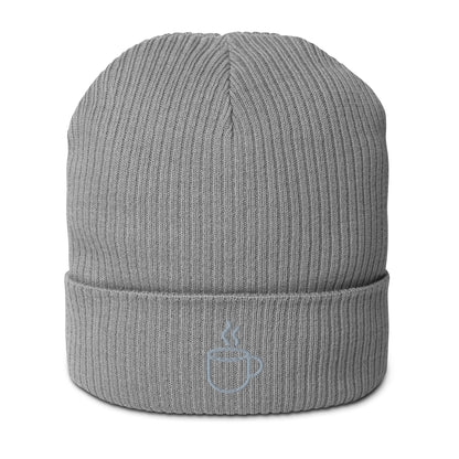 Ribbed knit beanie hat in light grey, embroidered coffee cup design, front view