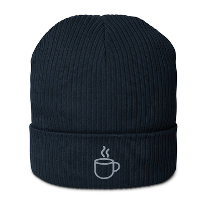 Ribbed knit beanie hat in oxford navy, embroidered coffee cup design, front view
