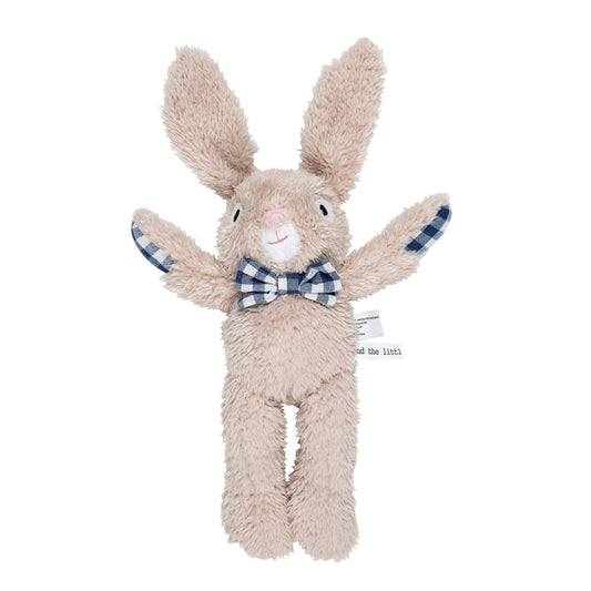 Small plush rabbit toy with blue gingham bow tie on white background – Mamutino
