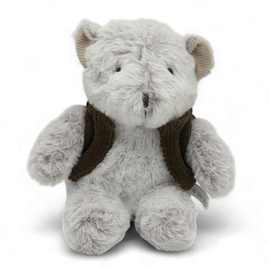 Soft plush teddy bear with knitted jumper and corduroy ears on white background – Mamutino