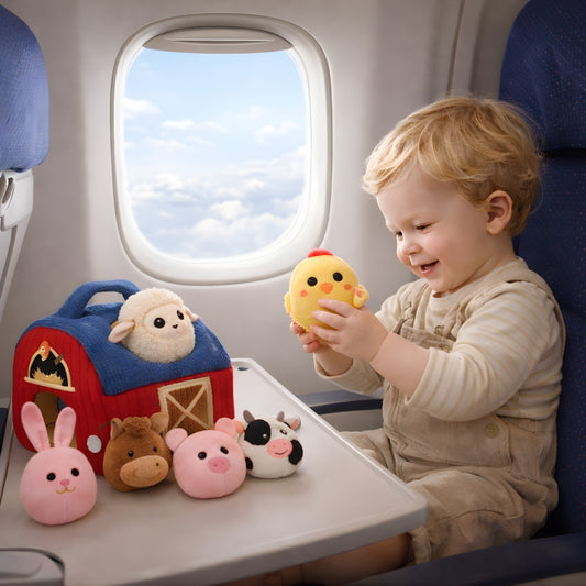 Toddler playing with a plush farm animals set on an airplane, a soft travel toy for toddlers for quiet play during flights