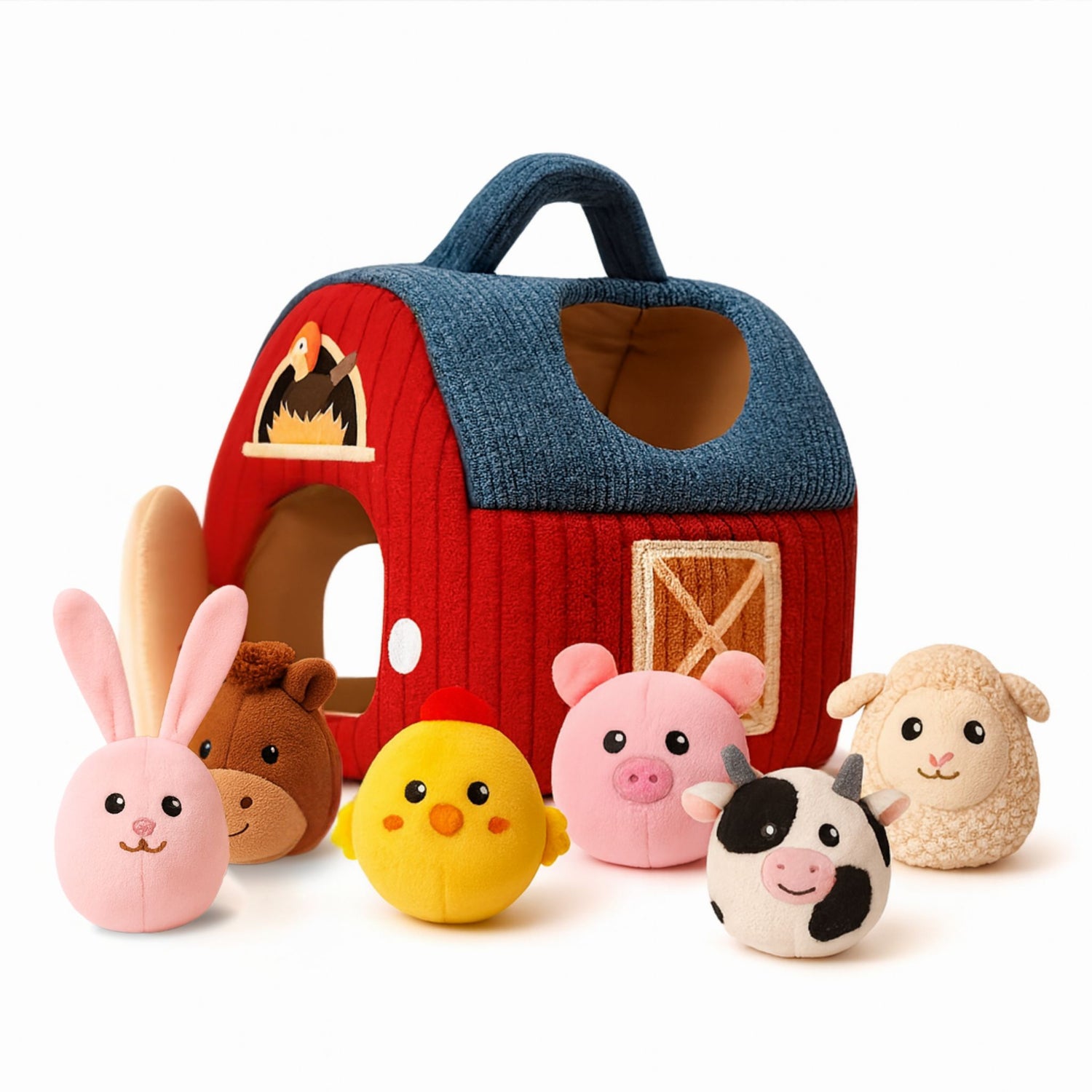 Plush farm animals set with soft barn on white background, a travel toy for toddlers for quiet and screen-free play