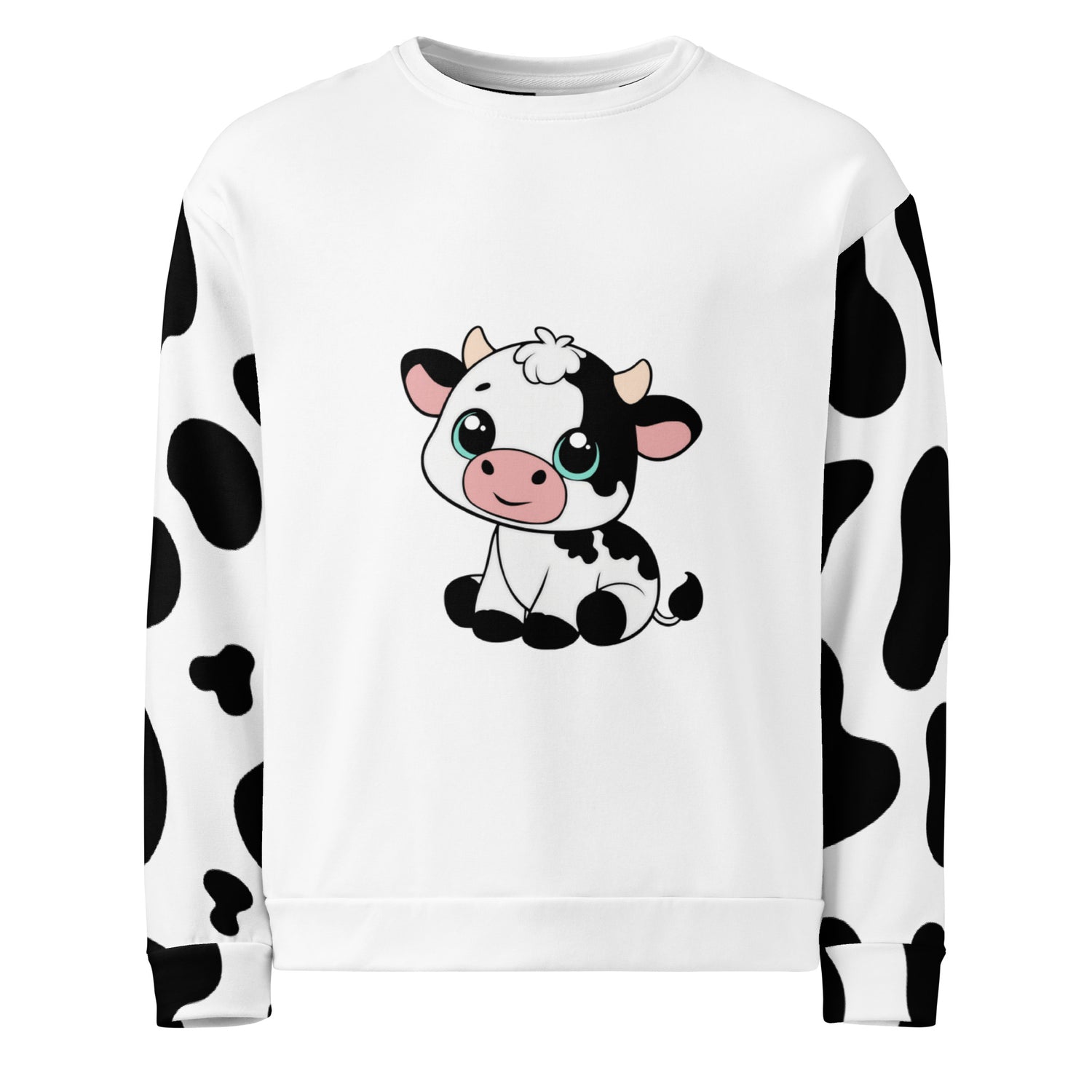 Unisex cow patch sweatshirt in white with black cow print pattern and cute cow illustration on front, front view – quirky countryside jumper