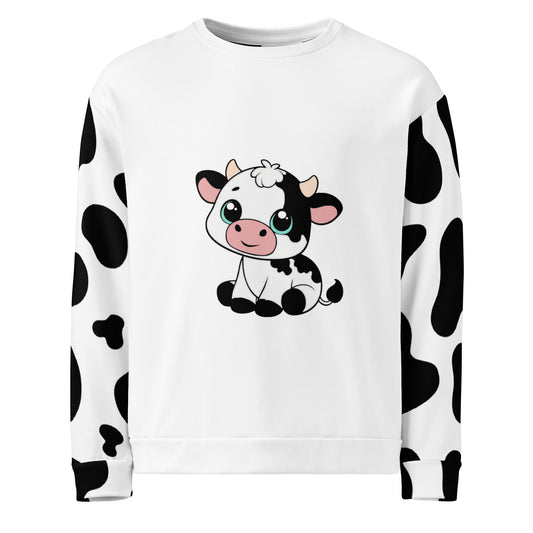 Unisex cow patch sweatshirt in white with black cow print pattern and cute cow illustration on front, front view – quirky countryside jumper