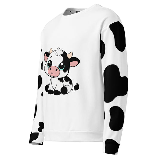 Unisex cow patch sweatshirt in white with black cow print pattern and cute cow illustration on front, left side view – quirky countryside jumper